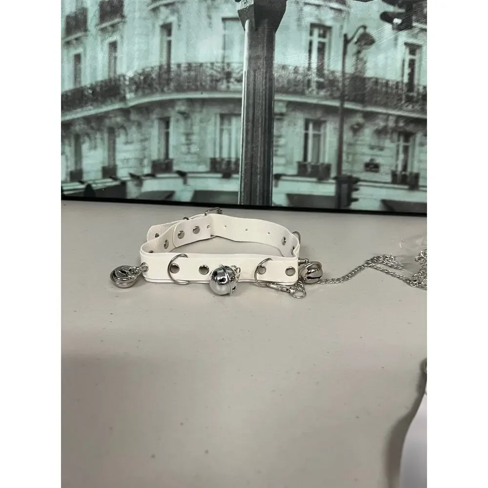 Punk Goth White PU Leather Choker Collar with Bells and Leash Set